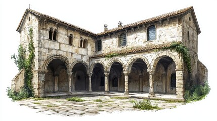 Fototapeta premium Detailed architectural illustration of a medieval cloister courtyard with arches and columns, set against a white background.