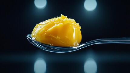 Butter knife slicing through butter, shiny cutlery tool, smooth creamy spread