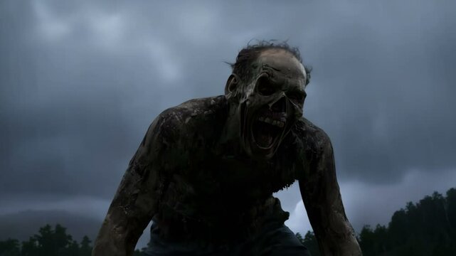 A Terrifying Zombie is Emerged from the Shadows within a Dark and Stormy Landscape, chilling to behold