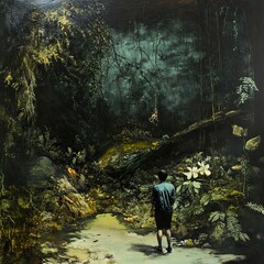 Obraz premium Enigmatic Forest Path: A Man's Journey into Nature's Embrace