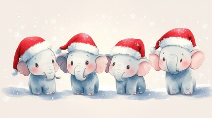 Cheerful elephants in Santa hats, perfect for holiday designs and festive projects. Adorable and playful holiday-themed illustration.