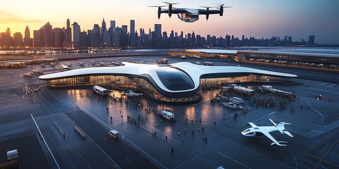 A futuristic airport with drones and advanced architecture set against a city skyline.