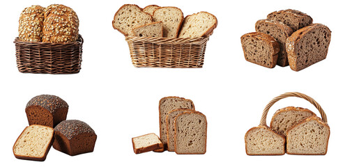a collection of six different types of bread. arranged in various compositions some loaves are whole. while others are sliced some bread is in baskets. others on transparent backgrounds