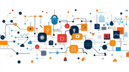Futuristic design of smart contracts on a white background, featuring intertwined blockchain technology elements, digital locks, and codes.