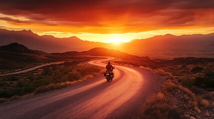 Motorcyclist Rides Towards Sunset Over Majestic Mountains