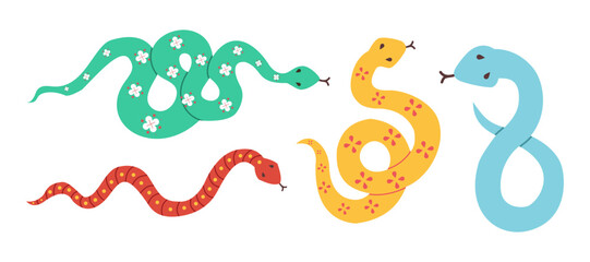 Set of snake icon for Happy New Year 2025 design in Chinese style. Colorful snake zodiac sign design, for banner, poster, greeting card. Animal vector illustration. Asian holiday decoration calendar.