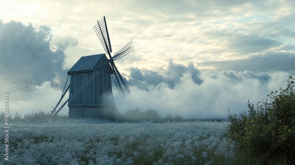 Poster a serene windmill stands amidst a misty landscape, surrounded by soft grass and clouds.