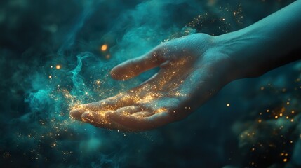 Fototapeta premium Mystical Hand: Golden Sparkles and Enchanting Darkness