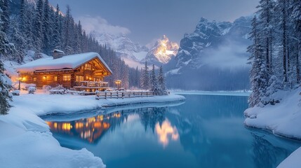 Fototapeta premium A serene winter landscape featuring a cozy cabin by a snowy lake at twilight.