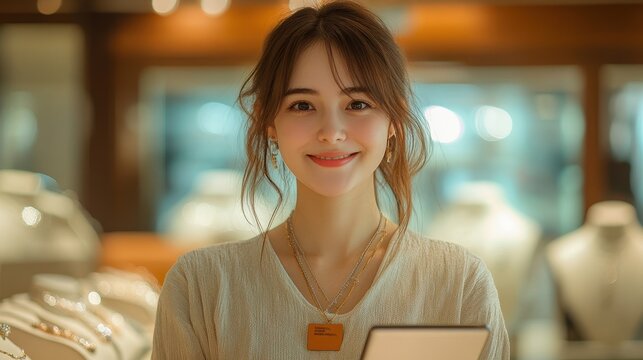 sale, shopping and business concept - happy female shop assistant with tablet pc computer name tag over jewelry store background