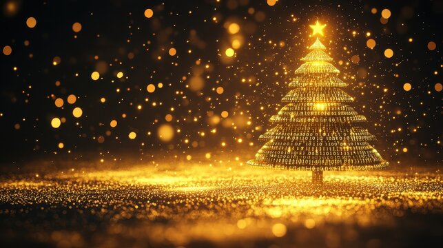 Christmas tree design in binary code style for IT professionals on golden background .Banner, space for text