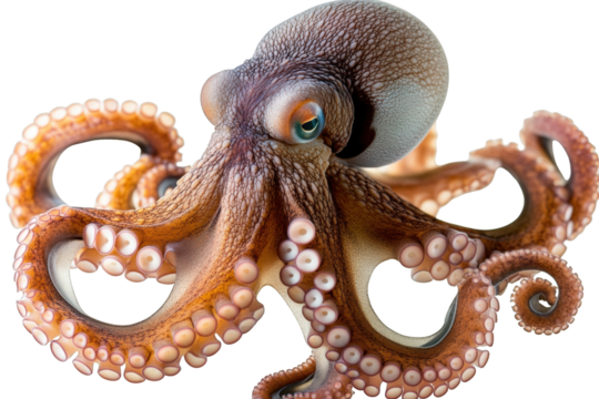 a close-up of an octopus with large. bright blue eyes and eight tentacles. isolated on a transparent background