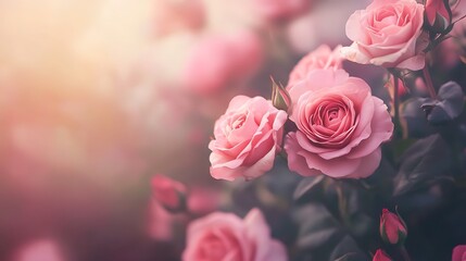 Obraz premium Beautiful Pink Roses in Sunlight. Floral Background. Romantic Garden Flowers.