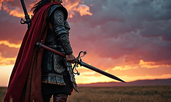 Lone warrior in ornate armor stands silhouetted against a fiery sunset.