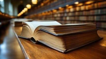 Open antique book on library table.