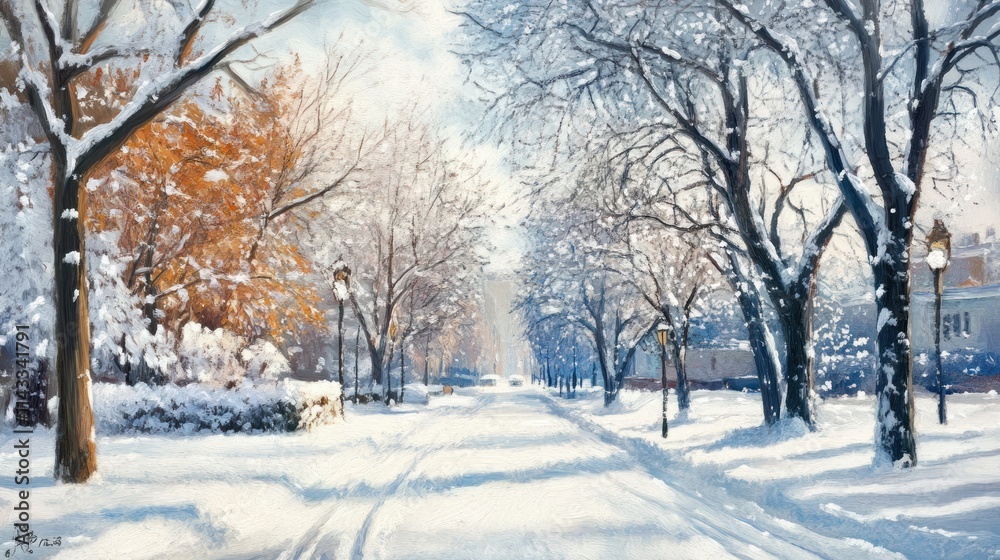 Poster a serene winter landscape with snow-covered trees lining a tranquil path.