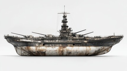Fototapeta premium An isolated battleship on a white background, showcasing intricate details of its formidable guns and armor, embodies strength and military power.