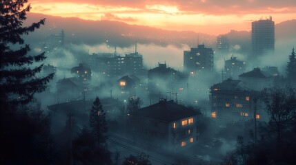 Fototapeta premium Misty Cityscape at Sunset: Enchanting Urban View
