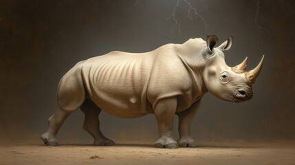Obraz premium Majestic white rhino standing strong in thunderstorm with dramatic lighting
