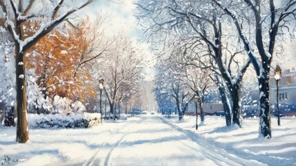 Obraz premium A serene winter landscape with snow-covered trees lining a tranquil path.