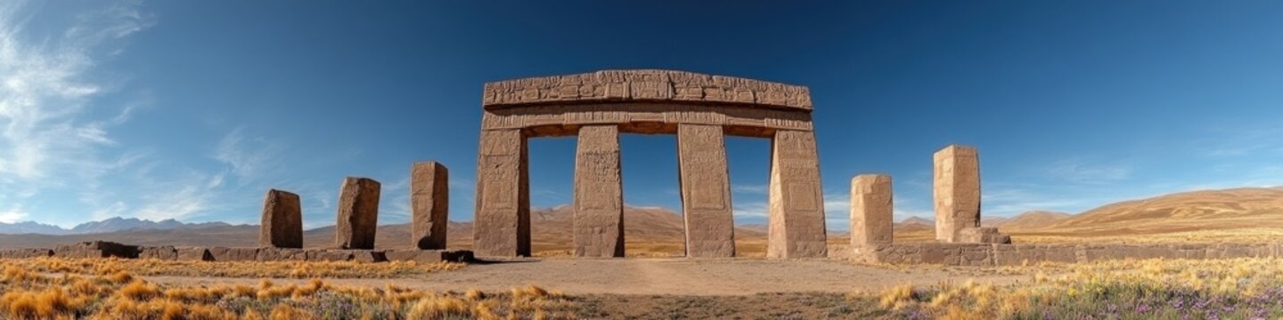 Mysterious Tiahuanaco Stone Structures Explore Ancient Archaeology and Cultural Significance in Bolivia with Majestic Andean Plateau Landscape