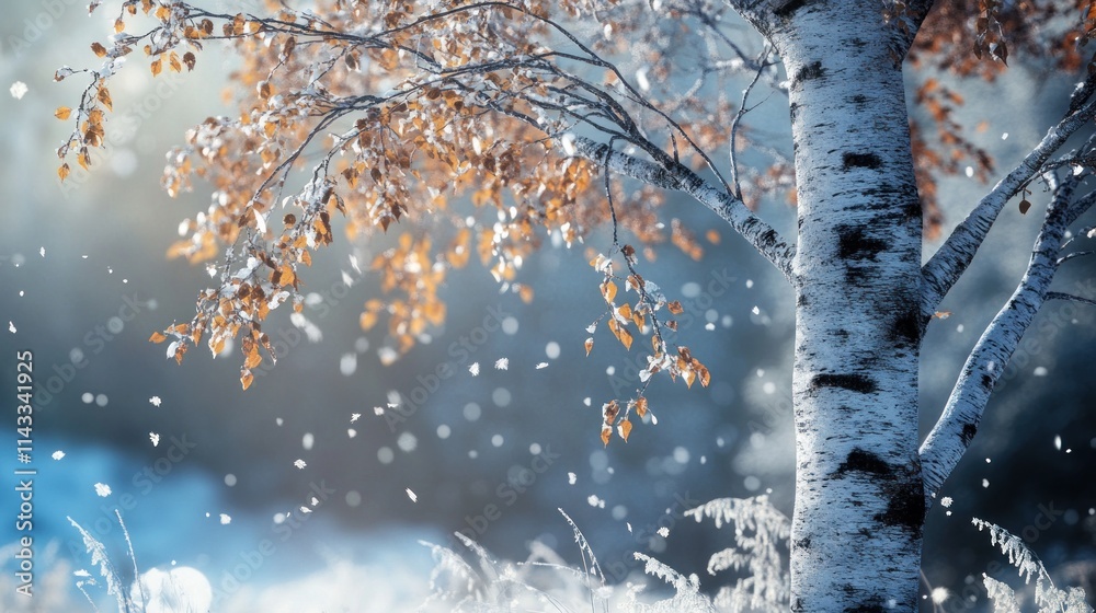 Poster a serene winter scene featuring a birch tree with golden leaves and softly falling snowflakes.