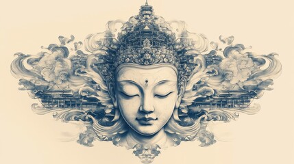 Tattoo illustration of a buddhist face architecture emblem symbol.
