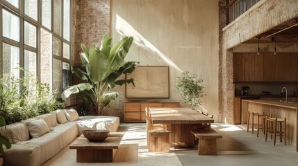 Minimalist Interior Design Featuring Rustic Furniture and Decorative Plants for Home Decor Inspiration