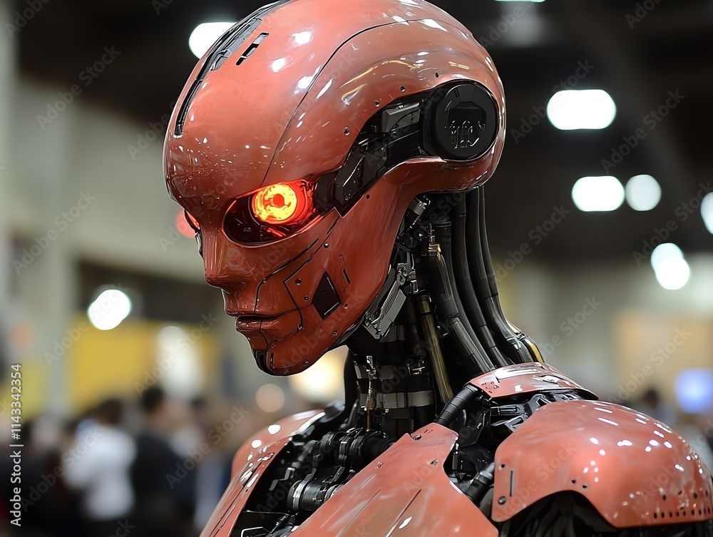 Poster a futuristic robotic figure with a sleek design and glowing eyes.