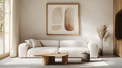 Minimalist Living Room with Large Wall Art and Cozy Decor Elements