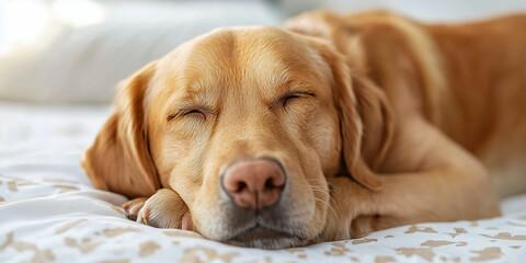 ginger dog close-up sleeping on a light blanket