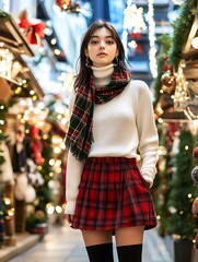 Young Female Model in Stylish Winter Outfit Among Festive Decorations