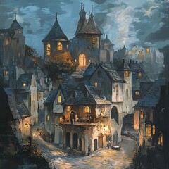 Fototapeta premium Enchanted Medieval Town at Dusk: A Digital Painting