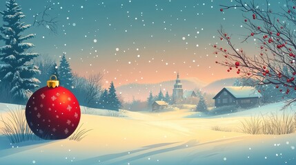 Fototapeta premium Illustration of large chrismas ball with winter landscape.