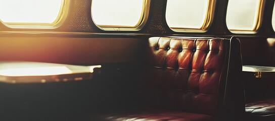 Obraz premium Vintage leather booth seating near windows in a retro setting.