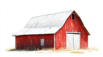 Obraz premium Illustration of a traditional red barn with a white roof, showcased from the front against a clean white backdrop, ideal for farm-themed designs.