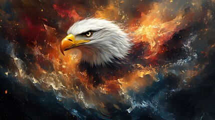 Fiery eagle head portrait in abstract cosmic art style.
