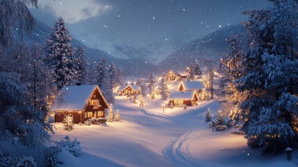 Vintage christmas village in snow, winter landscape and holiday cheer for charming christmas card