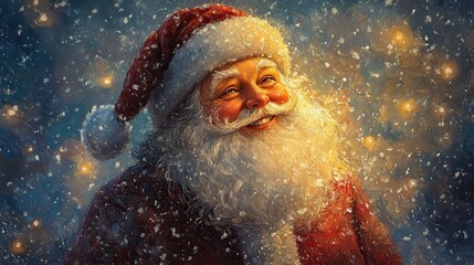 Smiling santa in a snow, Chrismas illustration in oil painting style