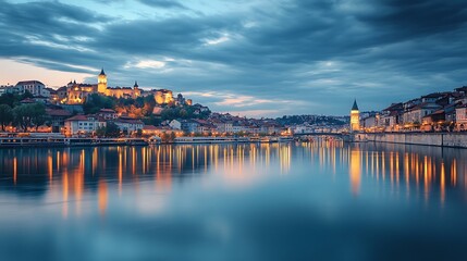 Obraz premium European City at Dusk, River Reflection. Concept of Travel, History, and Beauty.