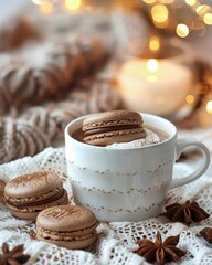 Cozy autumn scene a mug of hot chocolate topped with a macaron, accompanied by more macarons and star anise, on a knitted surface with warm lighting.