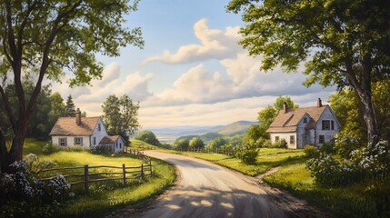 Obraz premium Country Road Divides Past Two Charming Farmhouses