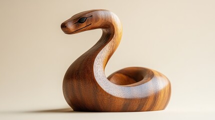 Fototapeta premium Wooden snake sculpture, beige background, copy space, Chinese New Year 2025 concept, Year of the Wooden Snake