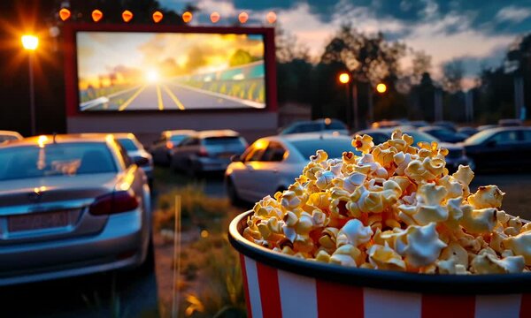 Focus on popcorn in red and white striped container with drive-in movie screen cars blurred background at dusk