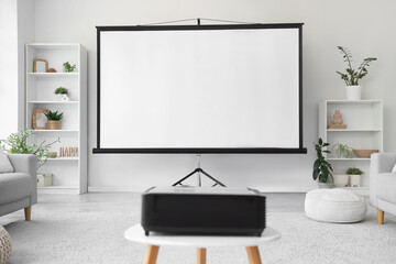 Interior of light room with projector screen and shelf units