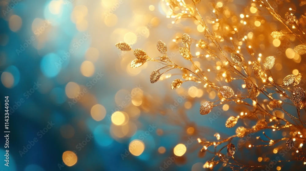 Poster A shimmering display of golden branches with soft bokeh lights in a serene background.