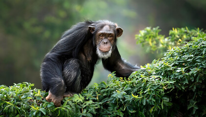Dawn Awakening: Chimpanzee Descends from a Leafy Jungle Nest
