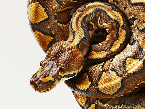 ball python curled neatly on a pure white background