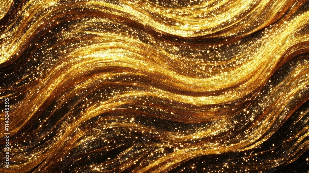 Poster a shimmering golden wave texture with sparkling elements, evoking luxury and elegance.