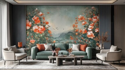Obraz premium Floral Harmony: A serene living room blooms with vibrant color, featuring a captivating floral wallpaper mural that sets a tranquil mood for relaxation and entertainment